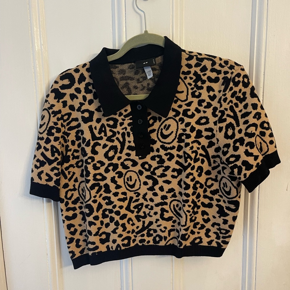 Lazy Oaf Leopard Knitted Polo Top US 14